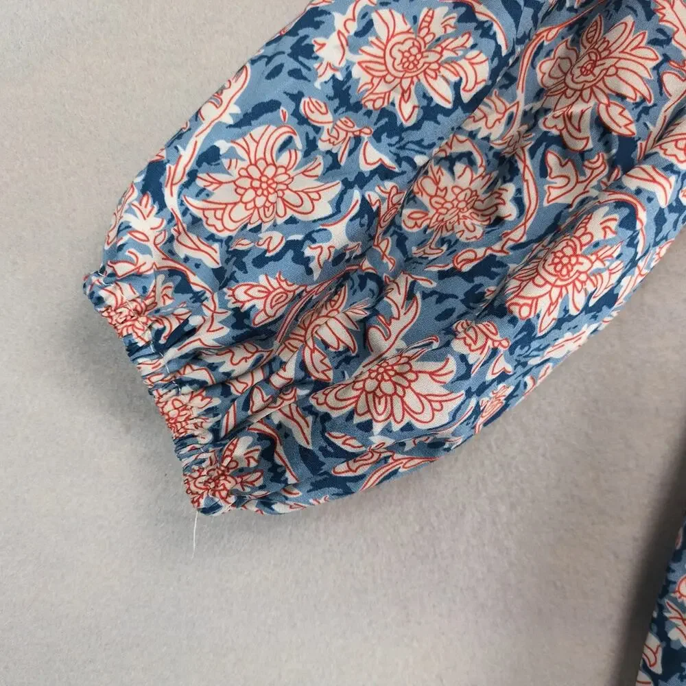 SundayUp Floral Tiered Midi Dress Sz S Puff Sleeves‎ Blue/Orange V-Neck Cottage